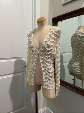 Open-Front Crochet Cardigan Sweater - Cream